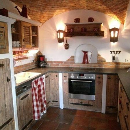 View into the rustic wooden kitchen